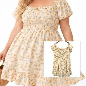 SHEIN Curve Womens 5X Smocked Floral Dress Cream Boho Cottagecore NWT